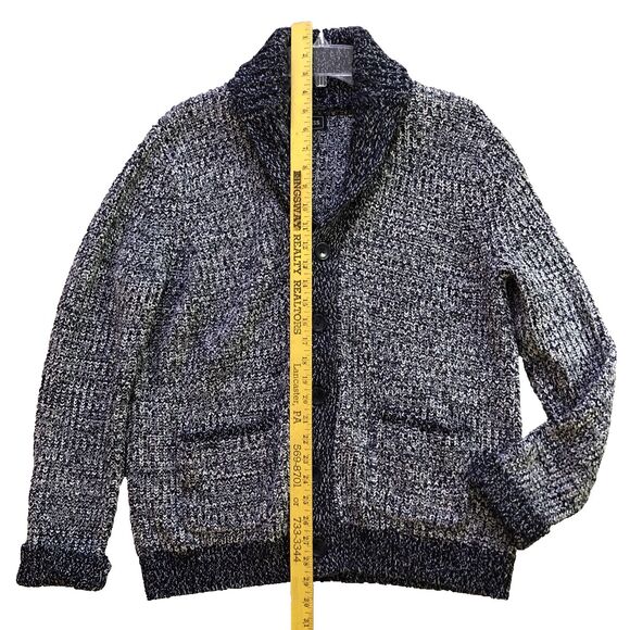 Express Shawl Collar Cardigan Sweater Mens Sz L Navy Marled Chunky Knit Grandpa - Picture 12 of 14